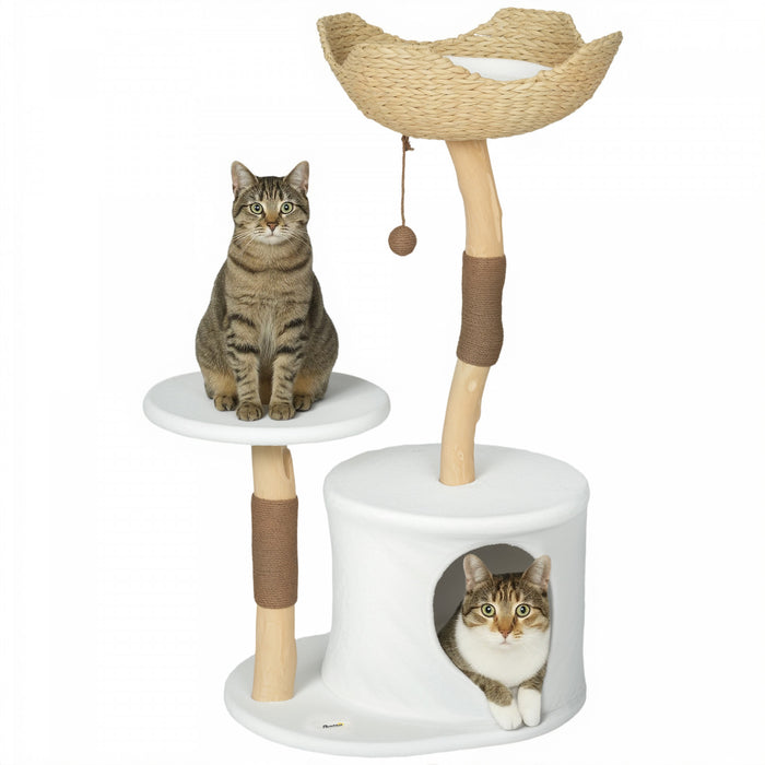 PawHut 40\" Cat Tree for Indoor Large Adult Kittens, Real Wood Cat Tower with Sisal Scratching Posts, Condo, Perch, Plush Washable Cushion, White