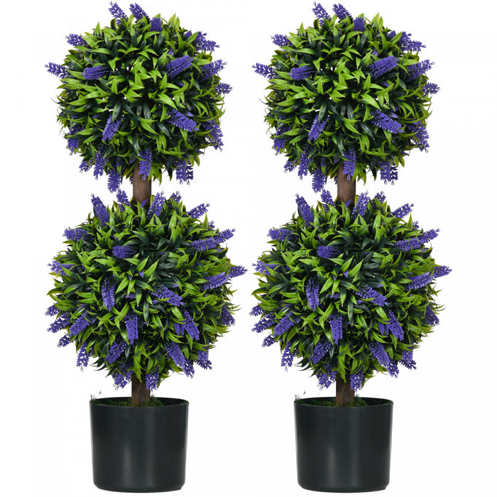 HOMCOM 2.3ft Set of 2 Potted Artificial Plant Ball Tree w/ Lavender Flowers