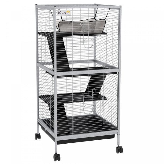 Pawhut 4-tier Rolling Small Animal Cage, Deluxe Guinea Pig Cage, Ferret Cage For Mink Chinchilla Kitten Rabbit, Small Pet Play House With Hammock Platform, Ramp, Removable Tray, Light Grey