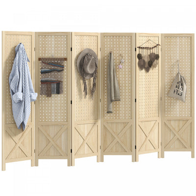 HOMCOM 4.7' 6 Panel Room Divider with Pegboard Display for Indoor, Natural