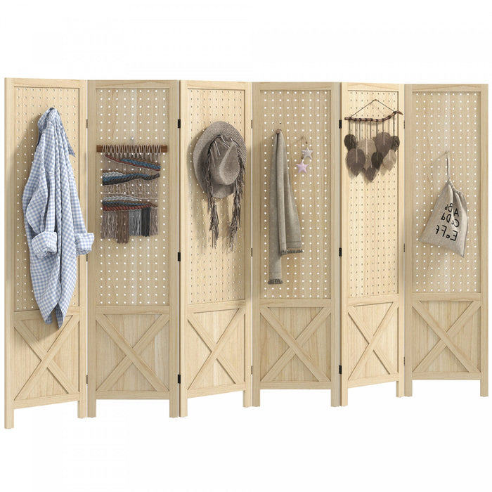 HOMCOM 4.7' 6 Panel Room Divider with Pegboard Display for Indoor, Natural