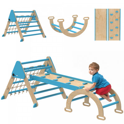 Qaba 8-in-1 Pikler Triangle Set, Foldable Wooden Climbing Toys with Arch, Ramp and Ladder, Montessori Indoor Playground Jungle Gyms for Toddlers Ages 18-48 Mouths, Blue