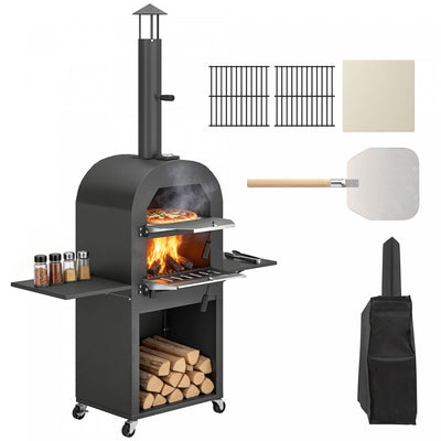 Outsunny Outdoor Wood Fired Pizza Oven with Side Shelves and Open Cabinet, Pizza Maker on Wheels with Thermometer, Stone, Peel, Cover, Grill Grate, for Barbecue, Picnic, Camping
