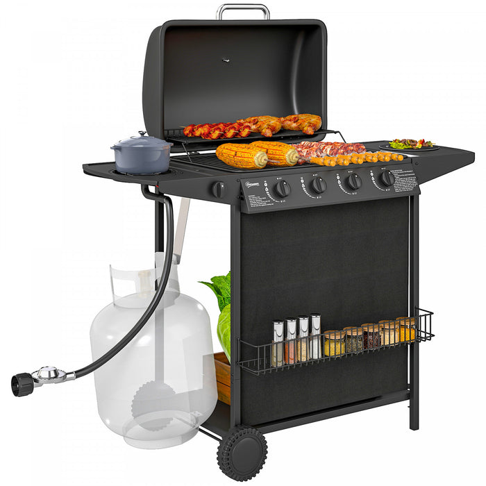 Outsunny 4+1 Burner Propane Gas BBQ Grill with Side Burner, Portable Gas Barbecue Grill featuring Thermometer, Lid, Side Table, Shelf, Spice Rack, Wheels, Grease Cup for Garden, Black