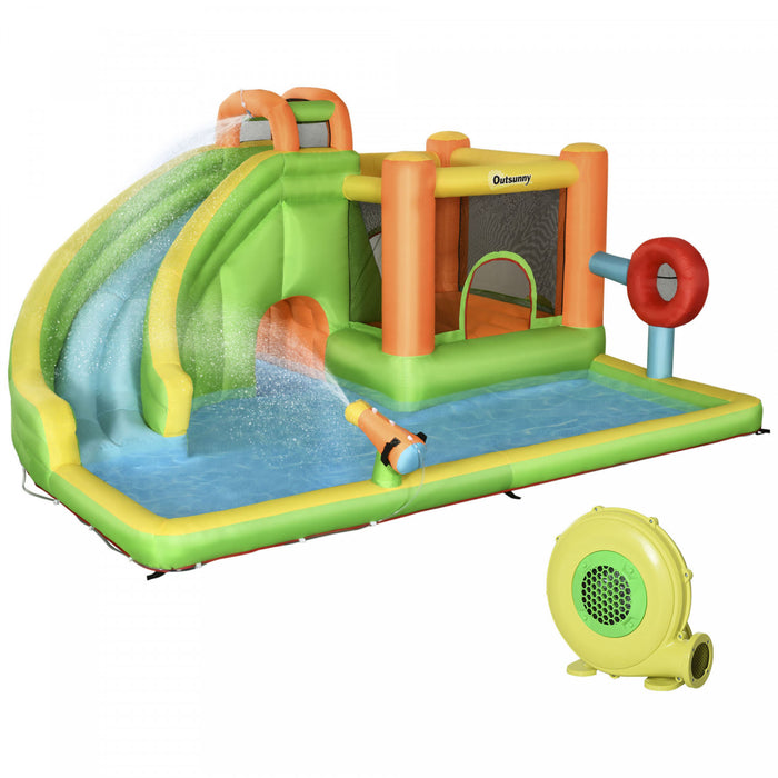 Outsunny 8-in-1 Inflatable Water Slide, Kids Castle Bounce House Includes Slide, Trampoline, Pool, Water Gun, Ball-target, Boxing Post, Tunnel With Carry Bag, 750w Air Blower