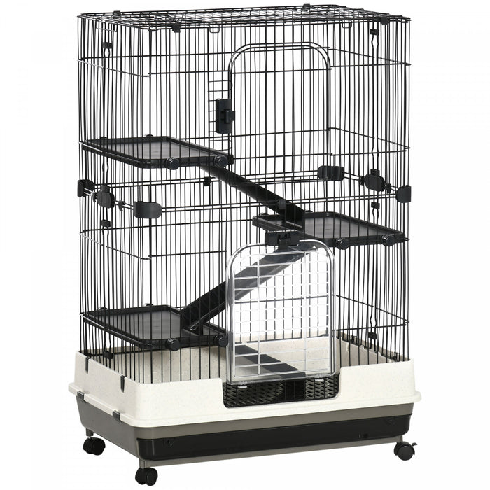Pawhut 32\"l 4-level Small Animal Cage Rabbit Hutch With Universal Lockable Wheels, Slide-out Tray For Bunny, Chinchillas, Ferret, Black