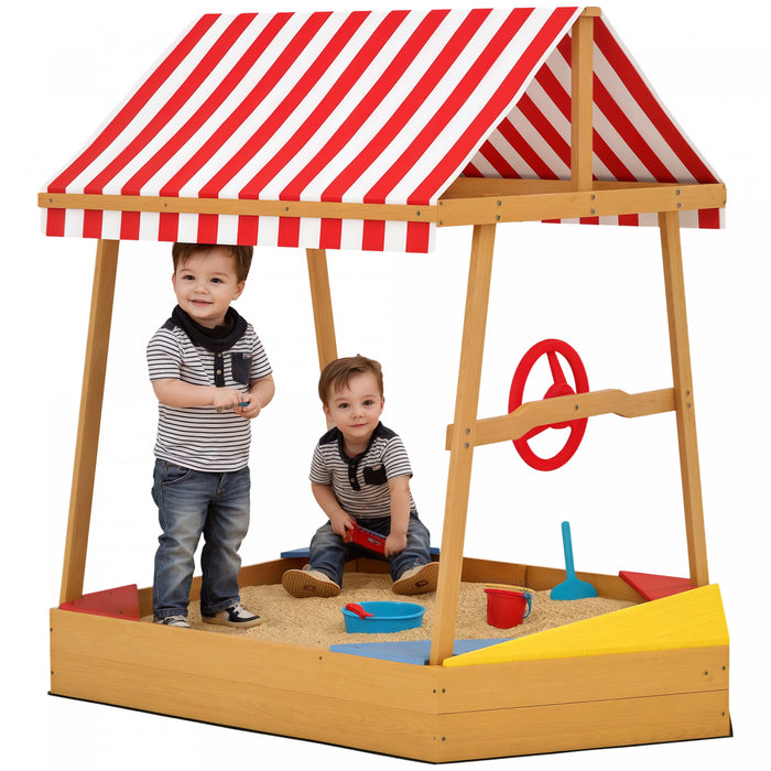 Qaba Kids Sandbox with Cover, 4 Seats, Boat Wooden Sand Pit with Rudder, Deck, Bottom Liner, Outdoor Sand Box for Backyard, Garden, Beach, 52\" x 40\" x 55.5\", for Ages 3-8, Yellow