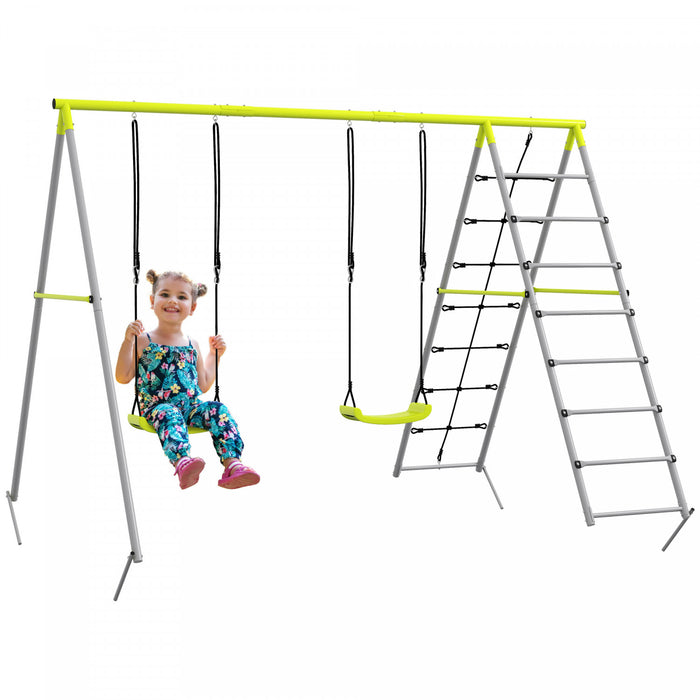 Outsunny 4 In 1 Metal Swing Set With Double Swings, Climber, Climbing Net, Heavy Duty Swing Set For Kids, Toddlers, Backyard, Outdoor, Playground, Green