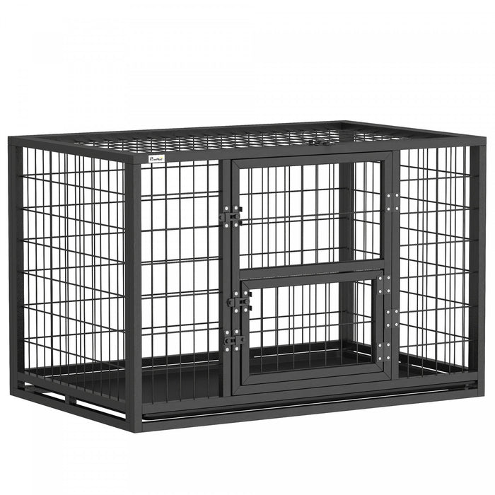 PawHut 37\"L Heavy Duty Dog Crate, Large Metal Dog Kennel with Removable Tray, 3 Doors and Secure Lock, Indoor Outdoor Pet Crate for Small Medium Breeds, Black