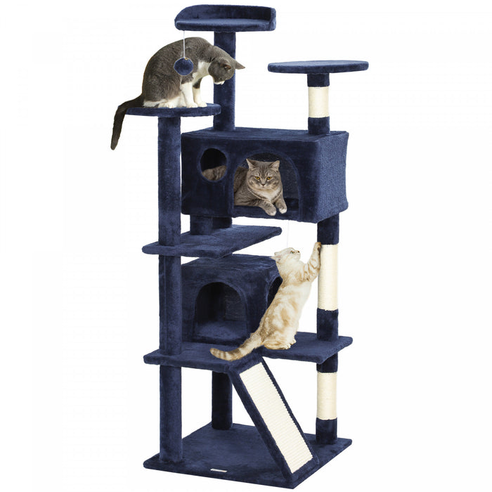 Pawhut 54\" Cat Tree, Cat Tower For Indoor Cats With Scratching Posts, Cat Condos, Bed, Platforms, Ramp, Toy Ball, Cat Activity Center, Dark Blue