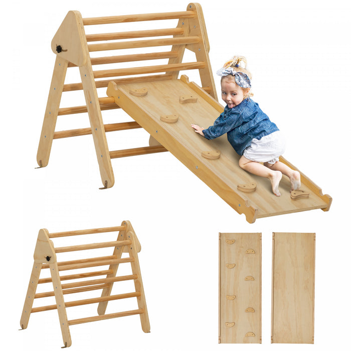 Qaba Pikler Triangle Set, Climbing Toys For Toddlers With Ramp, 3 In 1 Climbing Toys Indoor Baby Jungle Gym For 18-48 Months, Nature Wood