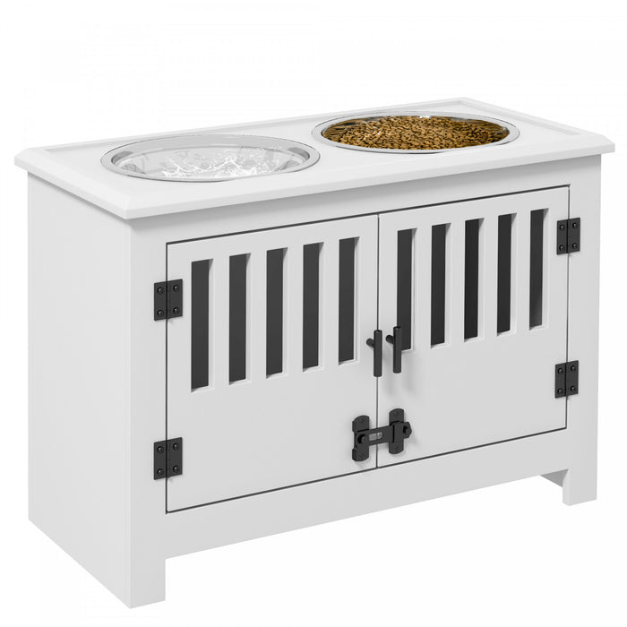 Pawhut Raised Dog Bowls, Elevated Dog Feeder With 2 Stainless Bowls, Storage Cabinet, Door, For Extra Large Dogs, White