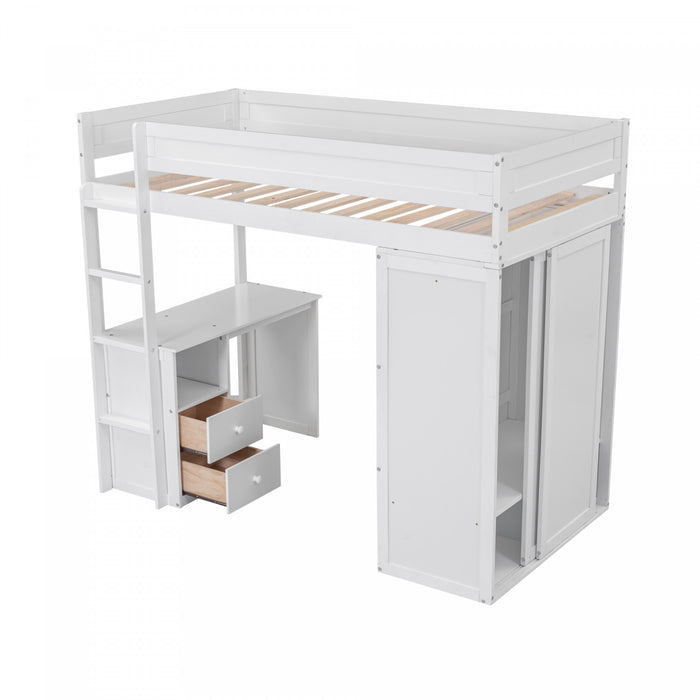 Jeffrey Solid Wood Loft Bed With Wardrobe, Desk And Drawers, Twin Size,white