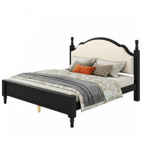 Miles Queen Size Wood Platform Bed with Curved Upholstered Headboard, Black 