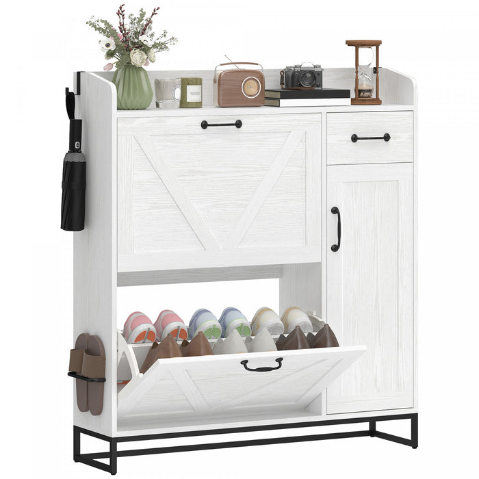 HOMCOM Shoe Cabinet, Farmhouse Shoe Storage Cabinet with Side Cabinet White