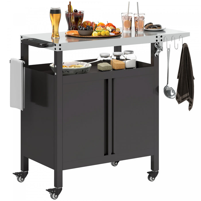 Outsunny Outdoor Grill Cart Table with Foldable Side Table, BBQ Grill Stand with Stainless Steel Top & Hooks, Mobile Pizza Oven Stand, 45.7\" x 19.7\", Black