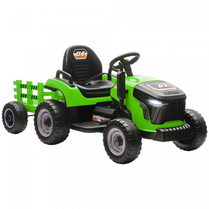 Qaba Kids Ride On Tractor With Trailor, 12v Battery Powered Ride On Car With Remote Control, Music, Lights, Shifter, Electric Vehicle For Kids Ages 3-8 Years, Green