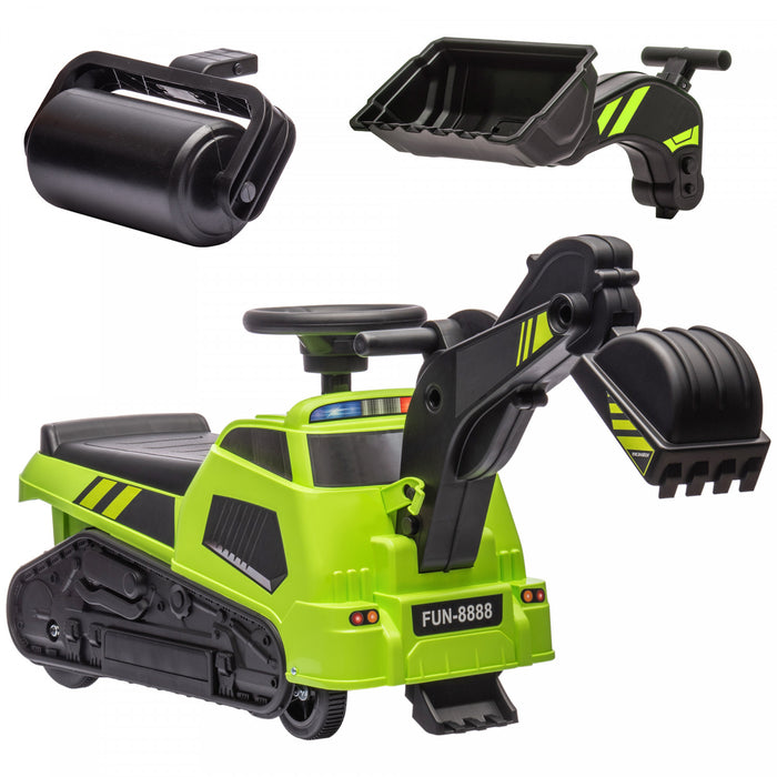 Aosom 3 In 1 Ride On Excavator Bulldozer Road Roller, No Power Pretend Play Construction With Music, For 18-48 Months, Green