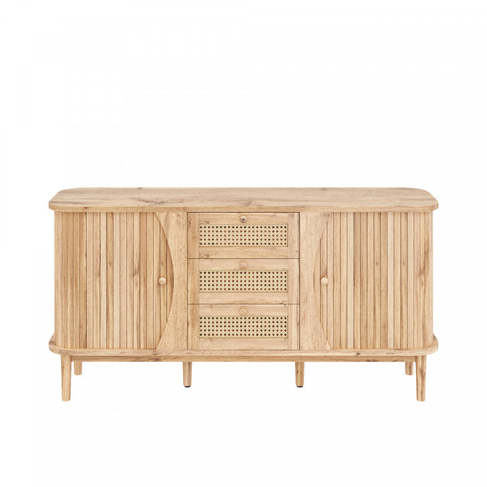 James 55.3\" Modern Minimalist Wood Cabinet with Sliding Doors and Adjustable Shelves,Natural Accent Cabinet