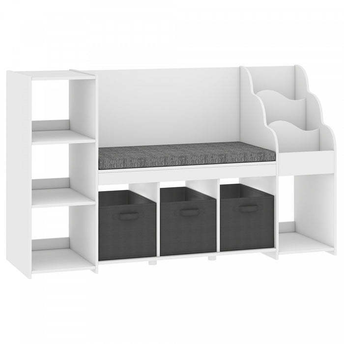 Qaba Kids Storage Shelf with Reading Nook, Toy Storage Organizer with Seat Cushion, 3 Fabric Drawers, 3-Tier Bookcases and 4 Storage Cubbies for Bedroom, Playroom, Nursery, White