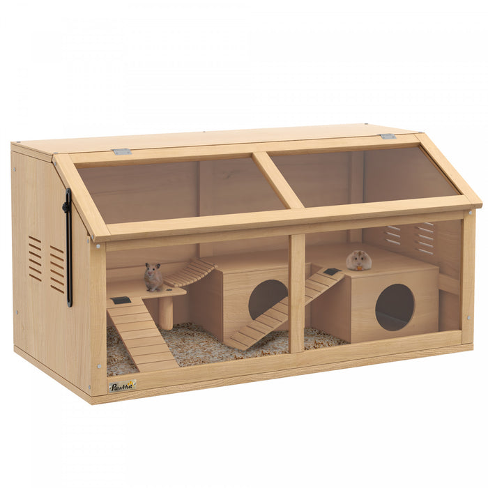 Pawhut Wooden Hamster Cage, 33.5\"l Hamster Habitat, Small Animal Cage For Syrian Drawf Hamster Gerbils Mice With Suspension Bridge, Openable Top, Ladders, Platform, Natural Wood