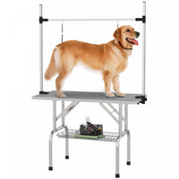 Pawhut Adjustable Dog Grooming Table Rubber Top 2 Safety Slings Mesh Storage Basket Heavy Metal Grey