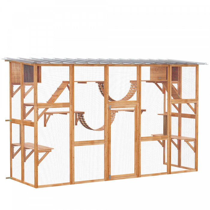 Pawhut Catio, Large Outdoor Cat Enclosure With Cat Condos, Platforms, Ladders, Doors, Weather-resistant Roof, Wooden Cat Cage For 1-4 Cats, Orange