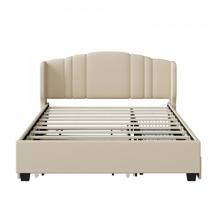 Jean Upholstered Platform Bed with Wingback Headboard and Storage Drawers,Queen Size,Beige Queen Bed