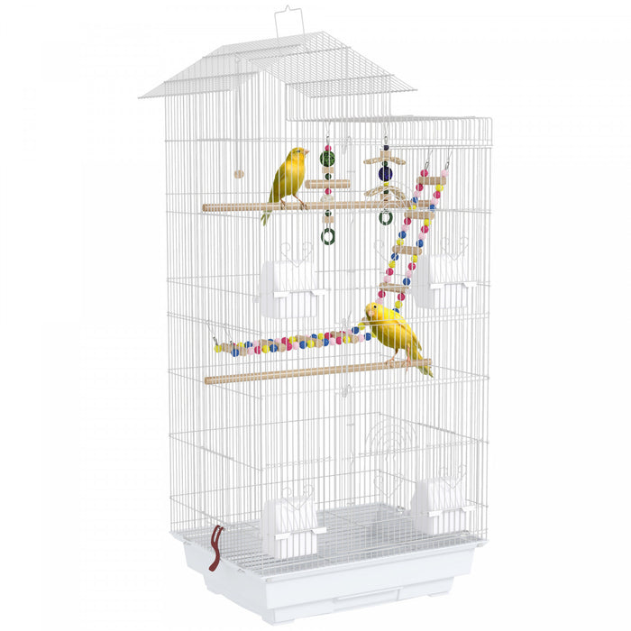 PawHut 39\" Bird Cage for Budgie, Cockatiel, Conure, Small Birds, Parrot Cage with Ladder, Swing, Toys, Perches, Tray, Feeding Bowls, Handle, White