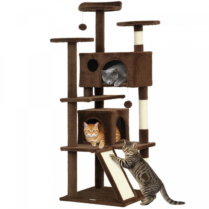 PawHut 54\" Cat Tree, Cat Tower for Indoor Cats with Scratching Posts, Cat Condos, Bed, Platforms, Ramp, Toy Ball, Cat Activity Center, Light Brown