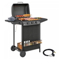 Outsunny 3+1 Burner Propane Gas BBQ Grill with Thermometer, Portable Gas Barbecue Grill, Side Burner, Lid, Side Table, Shelf, Spice Rack, Wheels, Grease Cup for Garden, Black