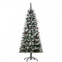 Homcom Flocked Pencil Christmas Tree With Red Berries, Pine Cones, Green
