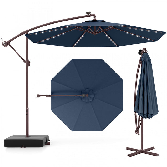 Costway Patio 10FT Hanging Offset Umbrella 32 LED Lights Sand Bag Outdoor Cross Base