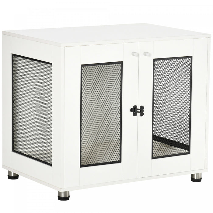 Pawhut Pet Crate End Table With Water-resistant Cushion, Double-door Dog Crate Furniture For Medium Dogs, Wooden Wire Pet Kennels For Indoor Use, White