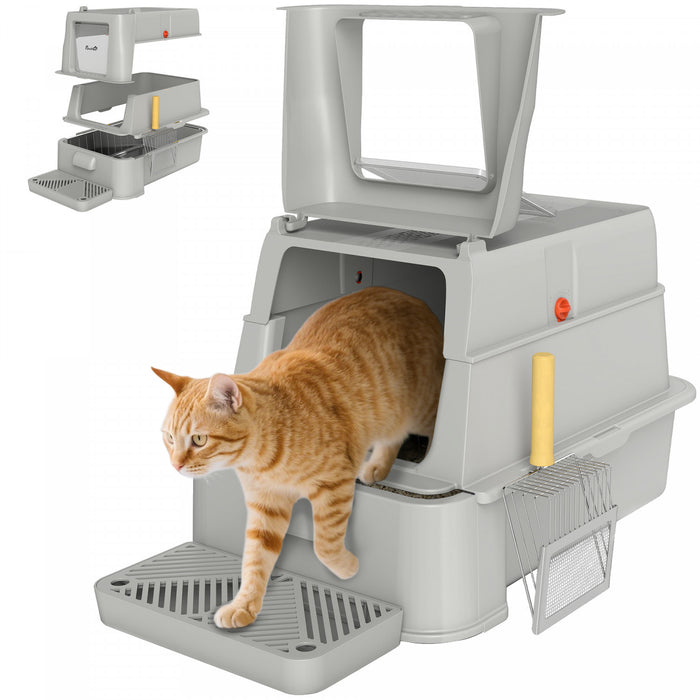 PawHut 80L Stainless Steel Litter Box with Lid, XL Cat Litter Box for Big Cats with 180° Flip Cover, Pull-Out Drawer Tray, High Sided, Pedal, Scoop, Light Grey