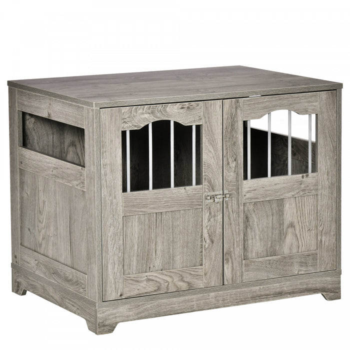 Pawhut 29.5\" Wooden Dog Cage With Windows, End Table Furniture Style, Modern Pet Kennel With Lockable Doors Elevated Base For Small And Medium-sized Dogs, Grey