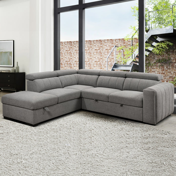 Keane 101 in. Fabric Sleeper Sectional with Storage Chaise and Adjustable Headrests - Grey