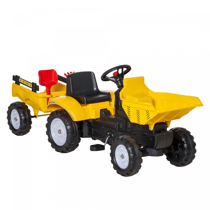 Aosom Ride On Toy Pedal Dump Truck, Front Loader Construction Tractor With Detachable Trailer, Yellow