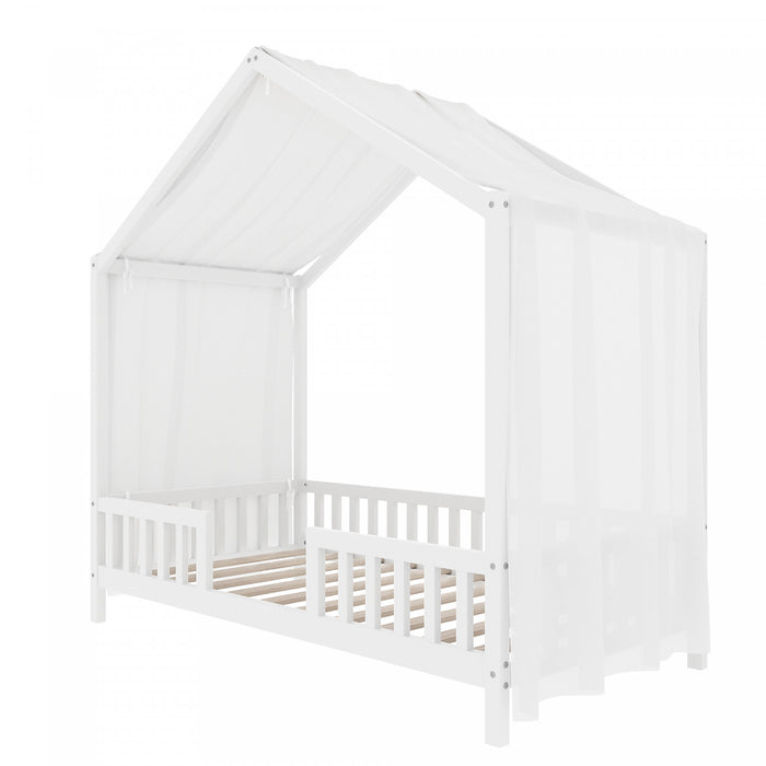 Paul Montessori Floor Bed with Canopy and High Railings,Twin Size，White Twin Bed