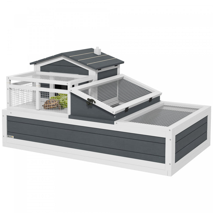 PawHut Tortoise House 2-Tier Wooden Enclosure with Balcony, Ramp and Tray, Indoor/ Outdoor Tortoise Enclosure with Ladder, Openable Roof, 44\" L x 25.5\" W x 23.3\" H, Grey