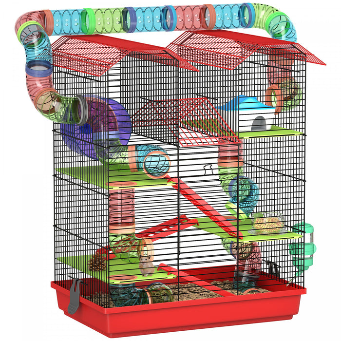 PawHut 18.5\"L Hamster Cage, 5 Tiers Small Animal House with Tunnel Tube System, Exercise Wheel, Water Bottle, Food Dish, Ramp, Red