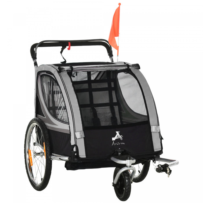 Aosom 2 Seat Bike Trailer for Kids 2-in-1 Double Baby Stroller with Handbrake, Rubber Wheels, 5 Point Harness, Waterproof Cover, Storage Bag, Reflectors, Grey