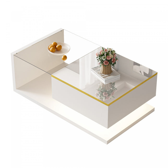 Ethan High-Gloss 35.4\" Long Coffee Table with Glass and LED Effect,White