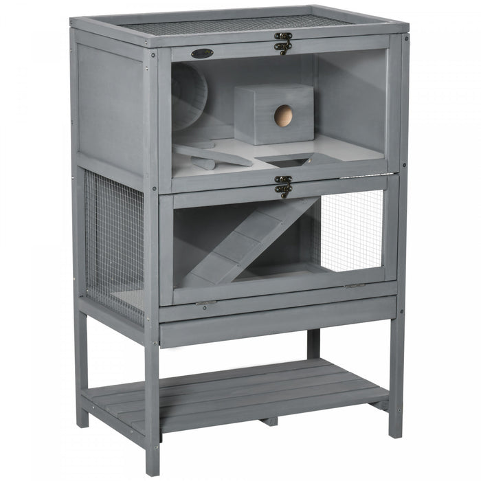 Pawhut Wooden Hamster Cage, Mice Rodent Small Animals Kit Hutch, 2-tier Exercise Play House, With Storage Shelf, Sliding Tray, Seesaw, Running Wheel, Lockable Roof, 23.5\" X 15.75\" X 35.5\", Grey