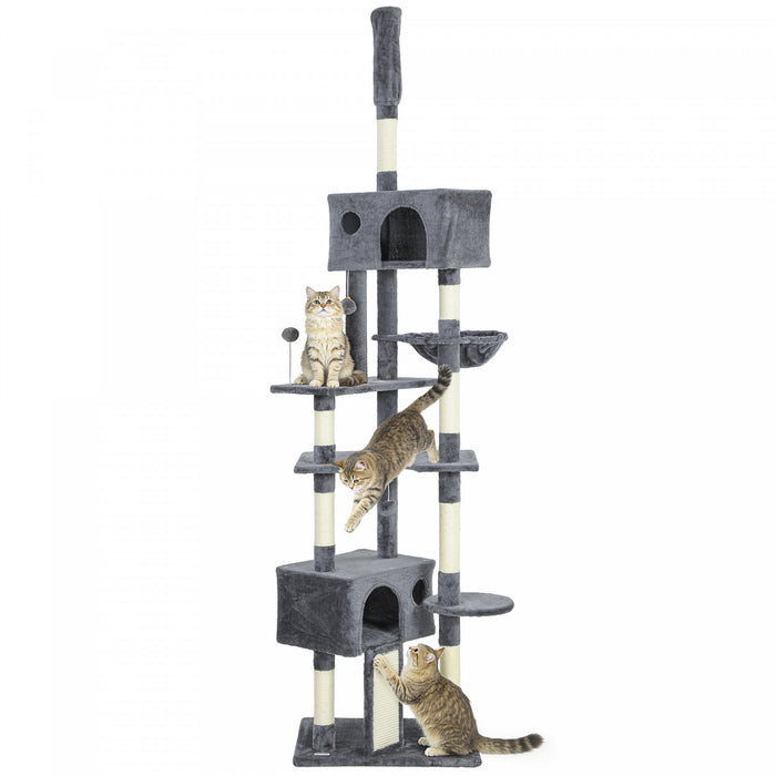PawHut Floor to Ceiling Cat Tree, 230-250cm Adjustable Tall Cat Climbing Tower with 2 Condos, Hammock and Sisal Scratching Posts, for Indoor, Multi-Level Activity Centre, Dark Grey