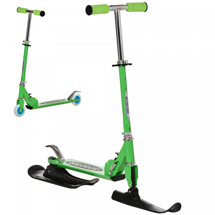 Qaba Snow Scooter, 2 In 1 Design Adjustable Height Scooter Snow Sled For Kids Aged Over 7 Years Old, Kids Sled Ski Scooter With Wheels Blades, Green