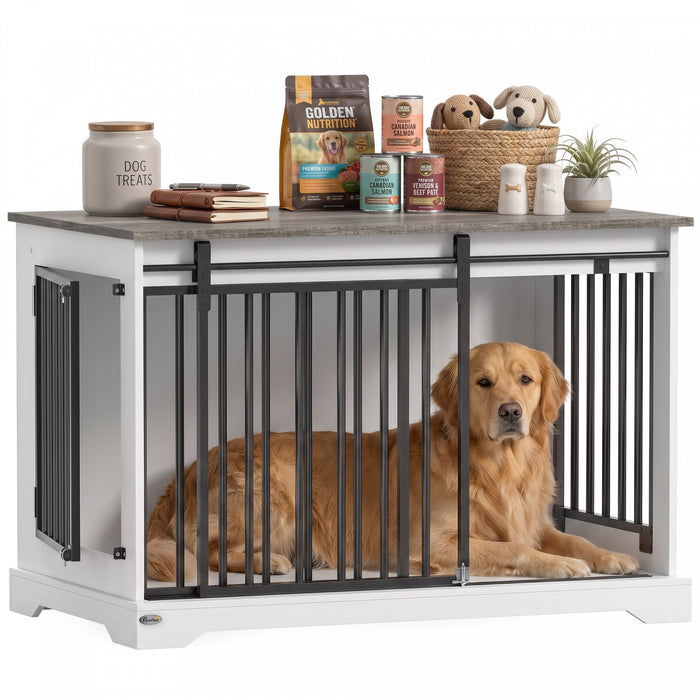 PawHut Dog Crate Furniture, 100 cm Wooden Dog Kennel Indoor Double Door with Sliding Barn Door, Decorative Pet Kennel End Side Table for Large Breeds, White