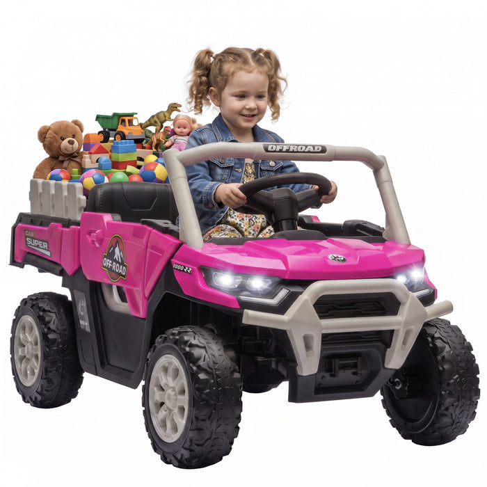 Qaba Kids Ride On Tractor, 12V Electric Tractor with Remote Control, Dual Motors, Music, Lights, Cargo Bed, Rear Suspension, Ride On Car for Kids Ages 3-6 Years, Pink