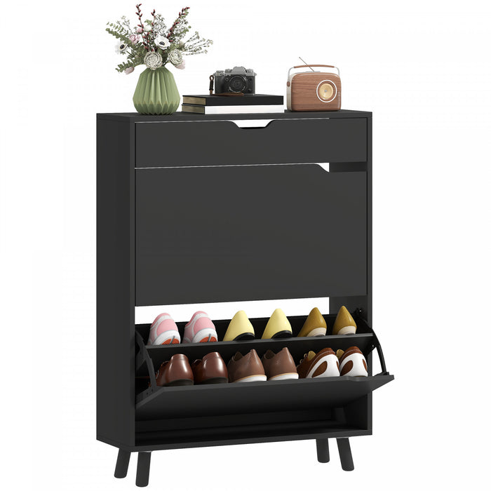 HOMCOM Narrow Shoe Cabinet Shoe Storage Cabinet with 2 Flip Drawers, Black