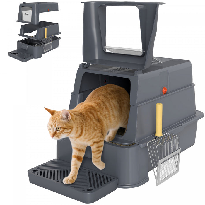 PawHut 80L Stainless Steel Litter Box with Lid, XL Cat Litter Box for Big Cats with 180° Flip Cover, Pull-Out Drawer Tray, High Sided, Pedal, Scoop, Dark Grey